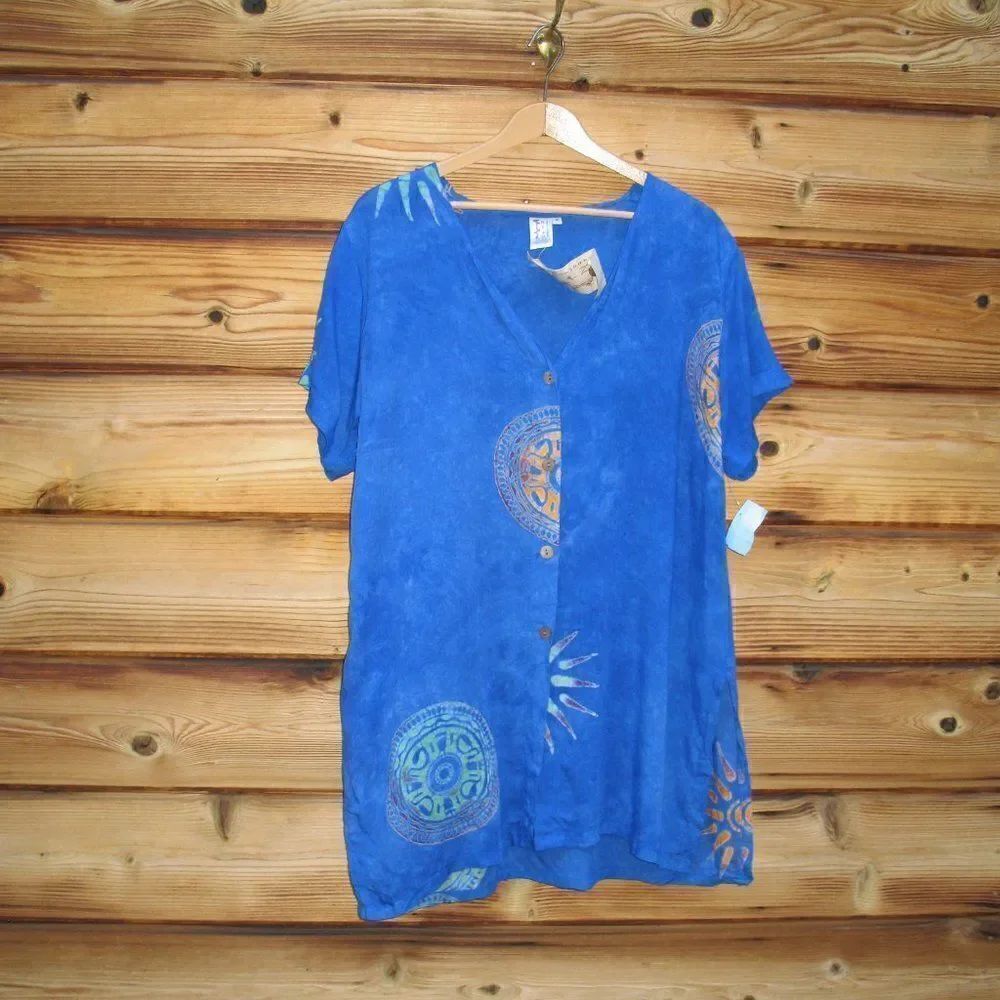 NWT Blue Vintage 90's Batik Swim Cover Tunic Top